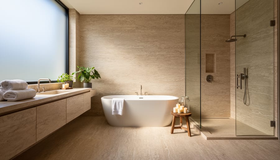 Serene bathroom with travertine stone walls and flooring featuring soaking tub