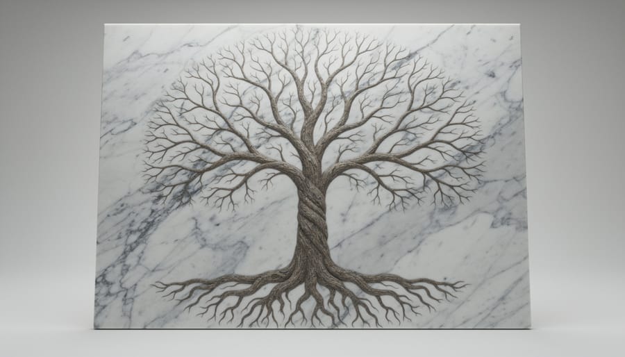 Close-up of marble slab with natural tree-like veining patterns