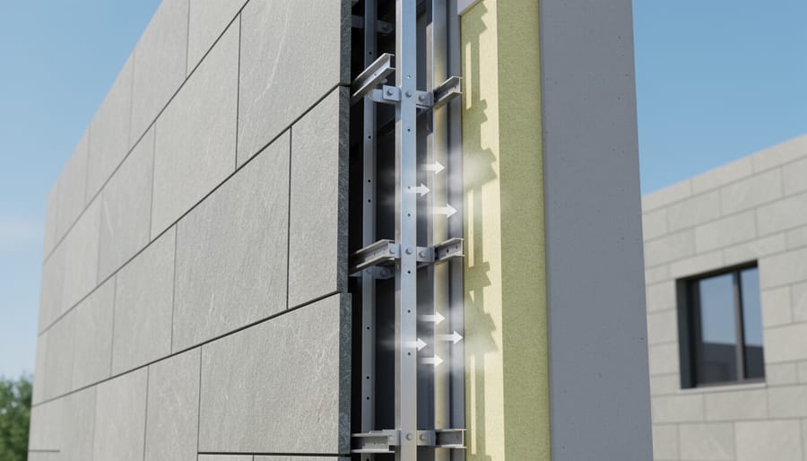 Close-up of stone facade ventilated rainscreen mounting system with aluminum brackets