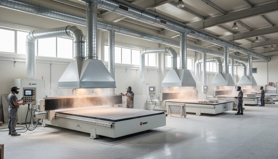 Industrial ventilation and dust collection system in stone fabrication facility