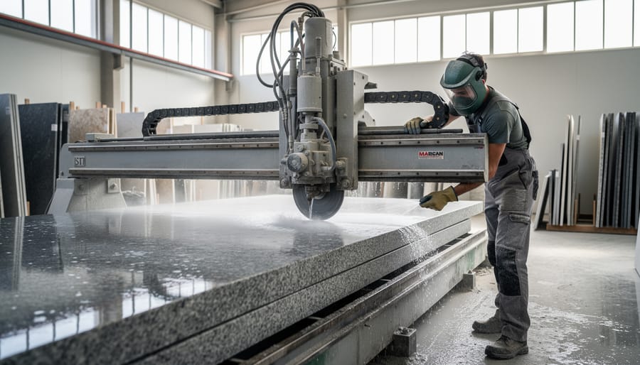 Stone fabrication worker using wet cutting saw with water spray for dust control