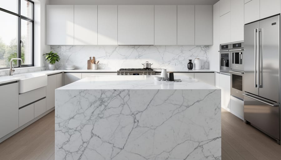 White Carrara marble countertops with gray veining in modern kitchen setting