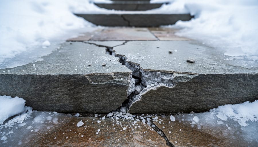 Close-up of marble stone showing cracks and salt damage from winter weather