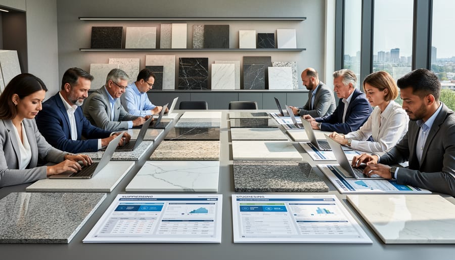 Architect reviewing various stone material samples and swatches on desk