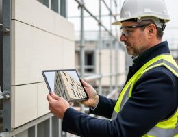 Architect holding a tablet with a 3D BIM model of a limestone cladding system at a construction site, with stacked stone panels and stainless anchors in the foreground and a partially installed facade with scaffolding in the background.