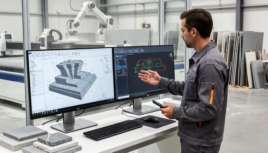 Architect using tablet displaying 3D stone modeling software with natural stone samples on desk