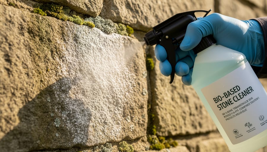 Professional applying bio-based cleaning solution to historic gravestone