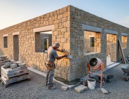 Eye-level wide photo of a partially built stone house with thick mortared walls as a mason sets an ashlar block at a corner; fieldstone pallets, a mortar mixer, and wooded hills appear in the background under warm evening light.