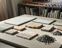 Architect’s drafting table with natural stone slabs, reclaimed offcuts, crushed aggregate, and a terrazzo tile arranged under soft daylight, with blurred shelves of tools and stacked stone in the background.