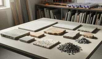 Architect’s drafting table with natural stone slabs, reclaimed offcuts, crushed aggregate, and a terrazzo tile arranged under soft daylight, with blurred shelves of tools and stacked stone in the background.