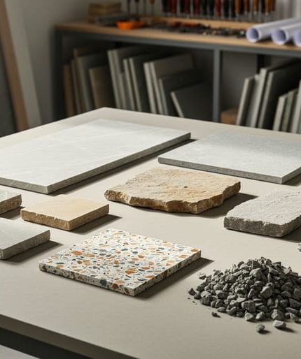 Architect’s drafting table with natural stone slabs, reclaimed offcuts, crushed aggregate, and a terrazzo tile arranged under soft daylight, with blurred shelves of tools and stacked stone in the background.