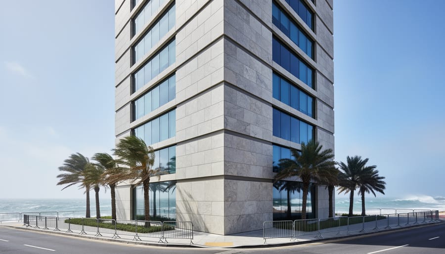 Corner view of tall coastal building with stone cladding facade against dramatic sky