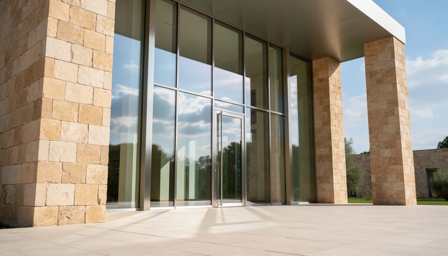 Contemporary stone house exterior featuring limestone walls with large glass windows
