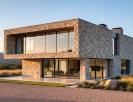 Contemporary stone home with dry-stacked limestone walls, floor-to-ceiling glass, and a cantilevered upper level at sunset, with native grasses and distant hills; interior polished stone floor visible through the glazing.