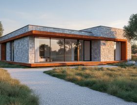 Contemporary limestone-clad house with large floor-to-ceiling windows and weathered steel accents, photographed at eye level from a three-quarter angle at golden hour, surrounded by native grasses and mature trees.