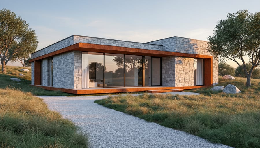 Contemporary limestone-clad house with large floor-to-ceiling windows and weathered steel accents, photographed at eye level from a three-quarter angle at golden hour, surrounded by native grasses and mature trees.