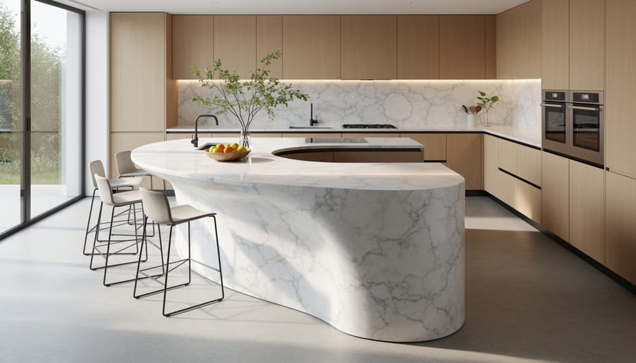 Modern kitchen featuring curved white marble island with organic flowing edges