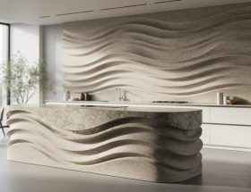 Eye-level view of a sinuous marble kitchen island and wave-inspired stone wall in a minimalist modern room, softly side-lit, with blurred large windows, indoor plants, and minimal furnishings in the background.