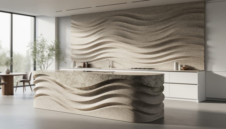 Eye-level view of a sinuous marble kitchen island and wave-inspired stone wall in a minimalist modern room, softly side-lit, with blurred large windows, indoor plants, and minimal furnishings in the background.