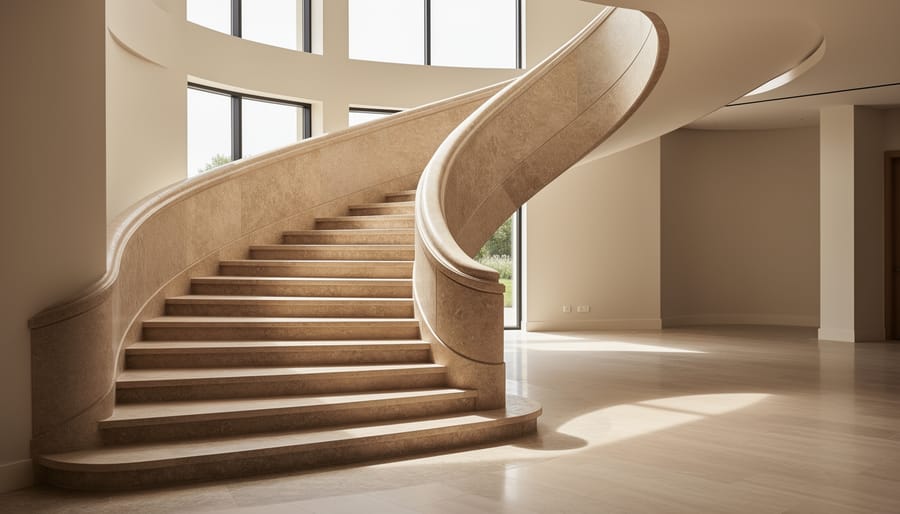 Curved limestone staircase with organic flowing design in modern interior