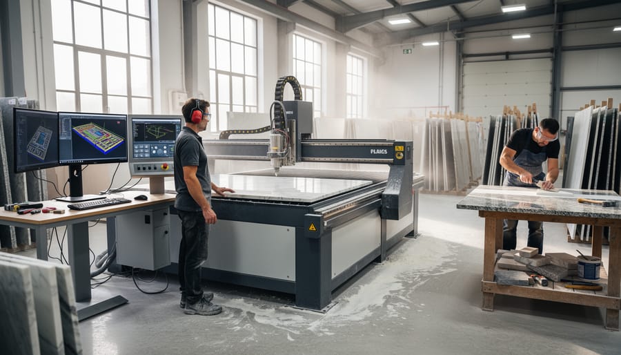 Construction worker using tablet with BIM model at natural stone installation site