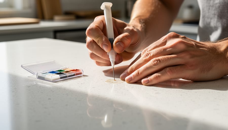 Overhead view of hands applying epoxy repair compound to damaged quartz countertop