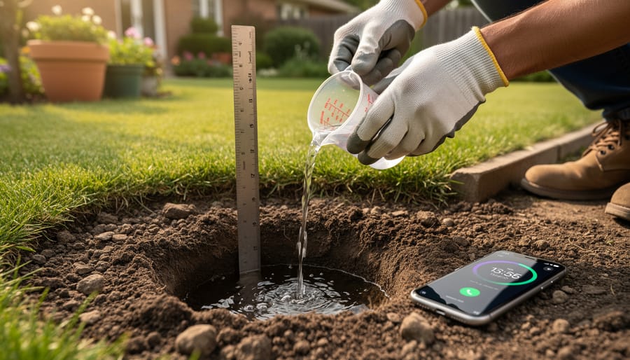 Hands performing soil percolation test by pouring water into test hole