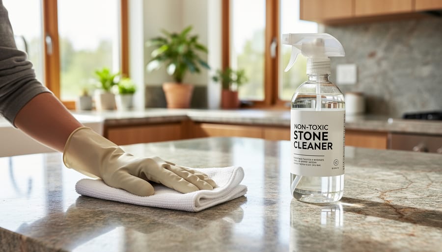 Hands cleaning natural stone surface with eco-friendly cleaning solution and microfiber cloth