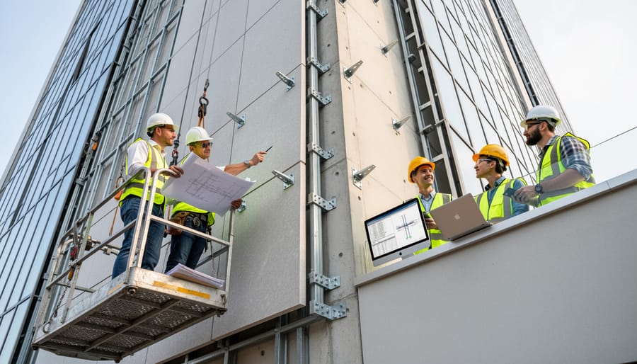 Structural engineer inspecting large stone cladding panel on high-rise building exterior