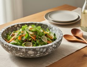 Overhead 45-degree view of an extra-large artisanal stoneware bowl embedded with marble and granite fragments, filled with fresh salad on an oak table, with translucent glaze visible and a softly blurred linen runner, wooden spoons, and plates in the background.