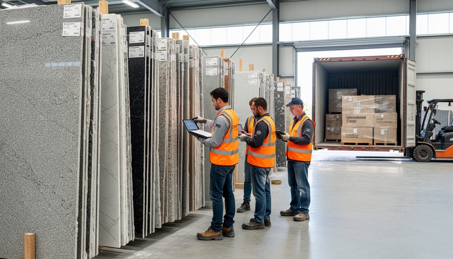 Stone fabricator inspecting exotic marble slab in warehouse facility