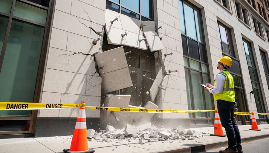 Failed stone facade showing detached panel and corroded mechanical fasteners