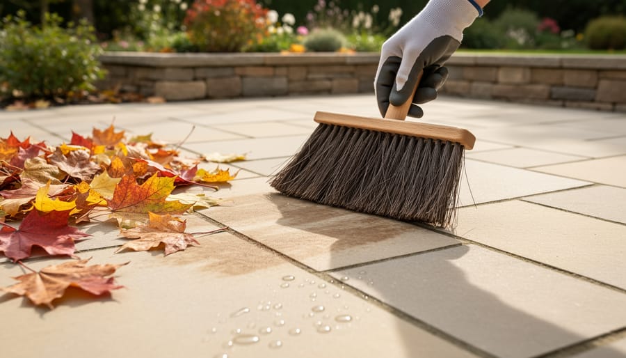 Autumn leaves accumulated on natural stone pathway showing potential for staining