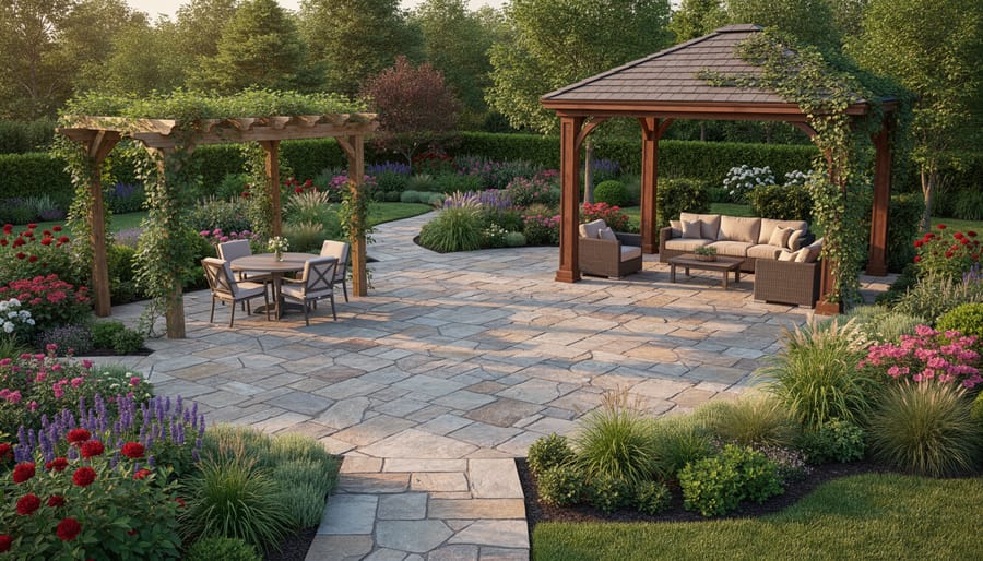 Gazebo with natural flagstone patio showing integration between structure and stone surface