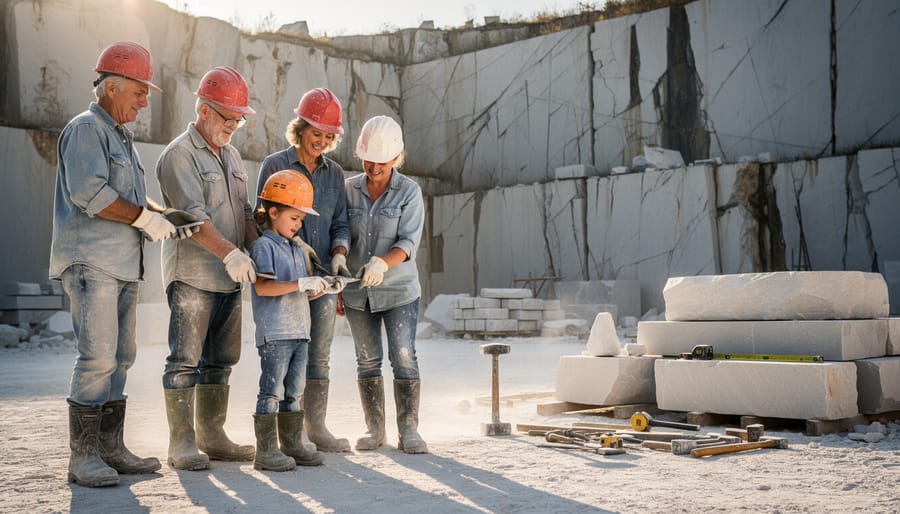 Three generations of quarry workers standing together at stone extraction site