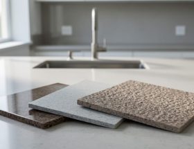 Three granite sample tiles—polished glossy, honed matte, and leathered textured—fanned out on a countertop under soft natural light, with a contemporary kitchen sink and faucet blurred in the background.