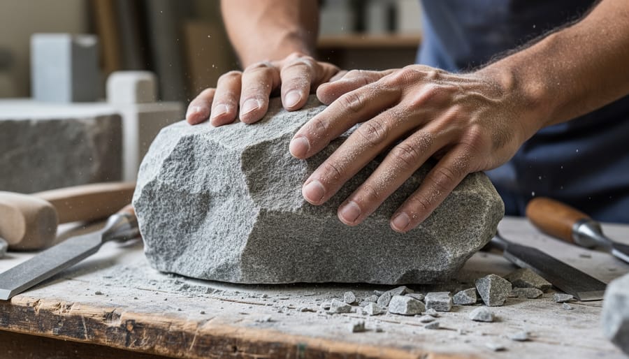 Close-up of stone craftsman's hands working on polished marble surface