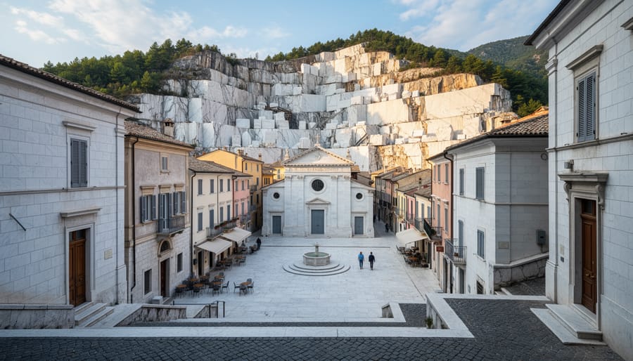 Aerial view of historic stone quarrying town with traditional buildings and terraced quarry landscape