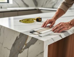 Close-up of a Calacatta marble kitchen island corner with pronounced gray-gold veining, an installer’s hands positioning edge profile samples and a tape measure, with a bright modern kitchen of white cabinets and backsplash softly blurred in the background.