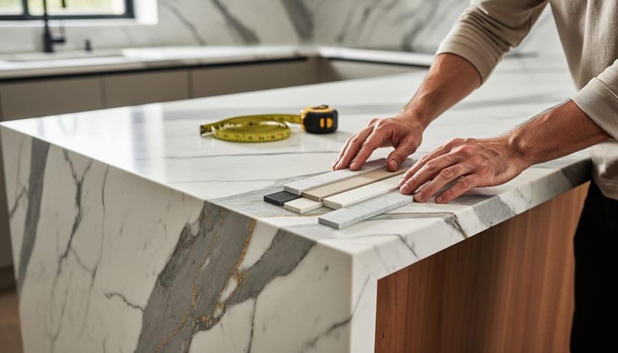 Close-up of a Calacatta marble kitchen island corner with pronounced gray-gold veining, an installer’s hands positioning edge profile samples and a tape measure, with a bright modern kitchen of white cabinets and backsplash softly blurred in the background.