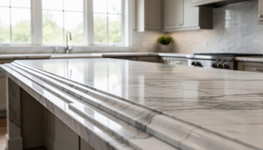 Close-up detail of ornate ogee edge profile on polished marble countertop