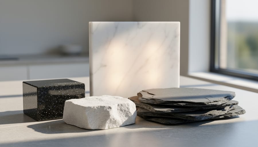 Close-up of polished marble surface with natural veining reflecting natural light