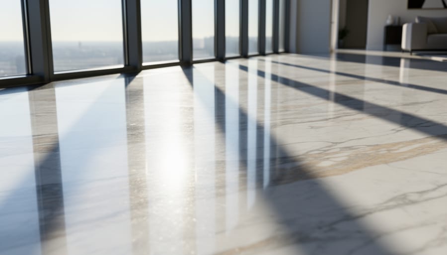 Polished white marble floor with gray veining illuminated by natural sunlight in modern atrium