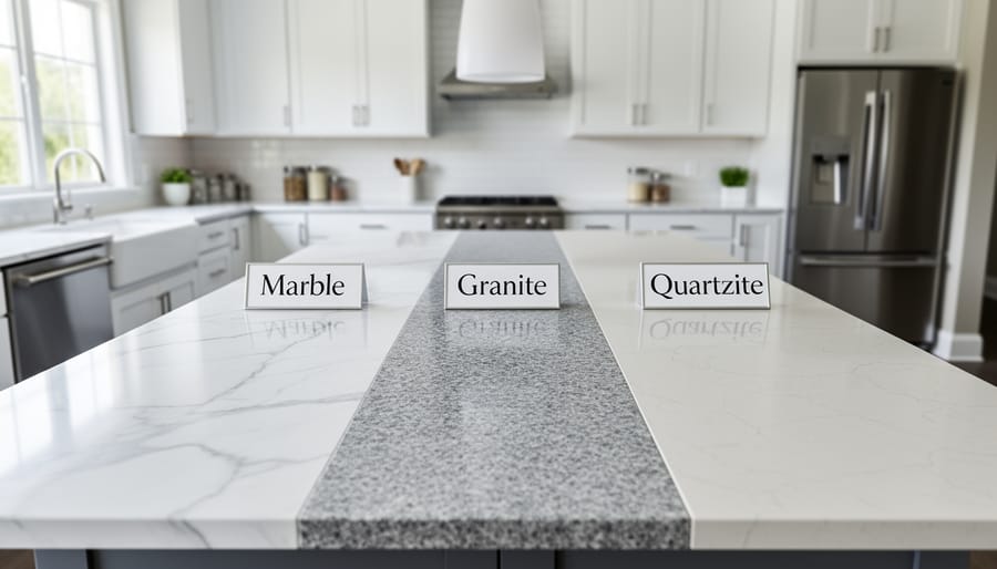 Side-by-side comparison of marble, granite, and quartzite countertop samples