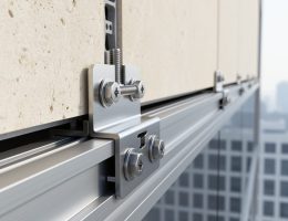 Stainless steel bracket and undercut anchor fastening a limestone cladding panel to an aluminum rail with a visible ventilated cavity gap, shot from a low angle with a blurred high-rise facade and skyline in the background.