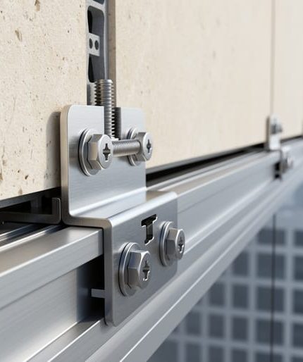 Stainless steel bracket and undercut anchor fastening a limestone cladding panel to an aluminum rail with a visible ventilated cavity gap, shot from a low angle with a blurred high-rise facade and skyline in the background.