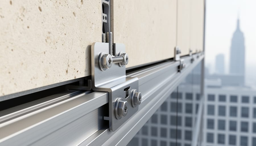 Stainless steel bracket and undercut anchor fastening a limestone cladding panel to an aluminum rail with a visible ventilated cavity gap, shot from a low angle with a blurred high-rise facade and skyline in the background.