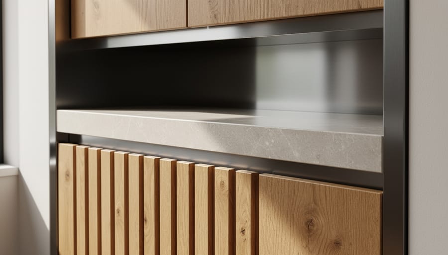 Architectural detail showing contemporary stone paired with wood and metal materials