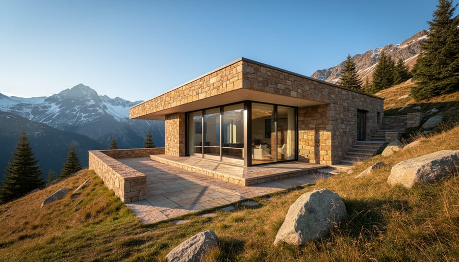 Modern stone house built into mountainside showcasing contemporary design and natural integration