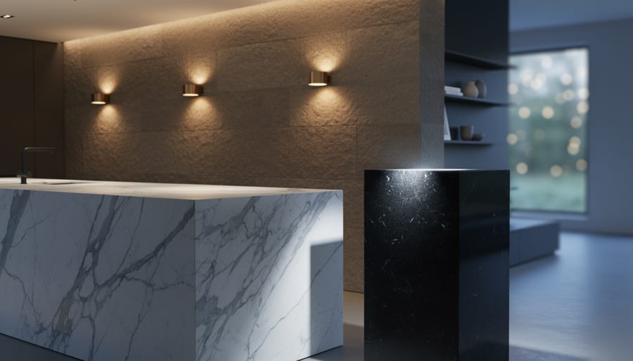 Modern interior vignette with a veined white marble island lit by cool daylight, a limestone wall glowing under warm sconces, and a polished black granite pedestal reflecting an accent spotlight; layered lighting creates depth and highlights stone textures.